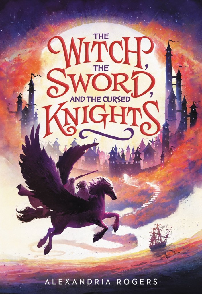A bookcover in purple, orange and cream colours. There is a pegasus in the foreground with two children sitting on it, one of the children holds a sword. Above them you can see the booktitle "The Witch, the Sword and the cursed Knights" in red before a cream moon and a lot of castle spires. 